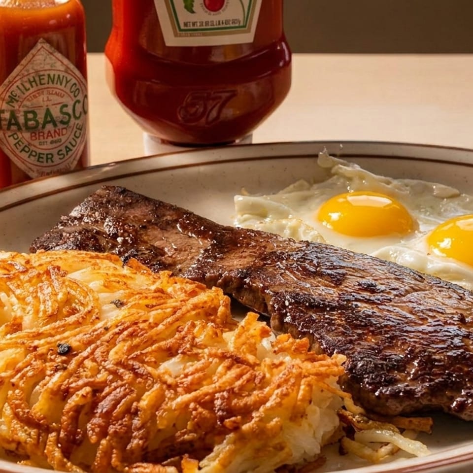 Grilled steak with crispy hash browns and two sunny-side-up eggs, accompanied by Tabasco sauce bottles.
