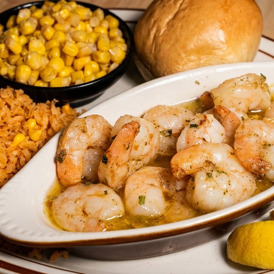 Garlic butter shrimp served with Mexican rice, corn, dinner roll, and lemon wedges on a platter.