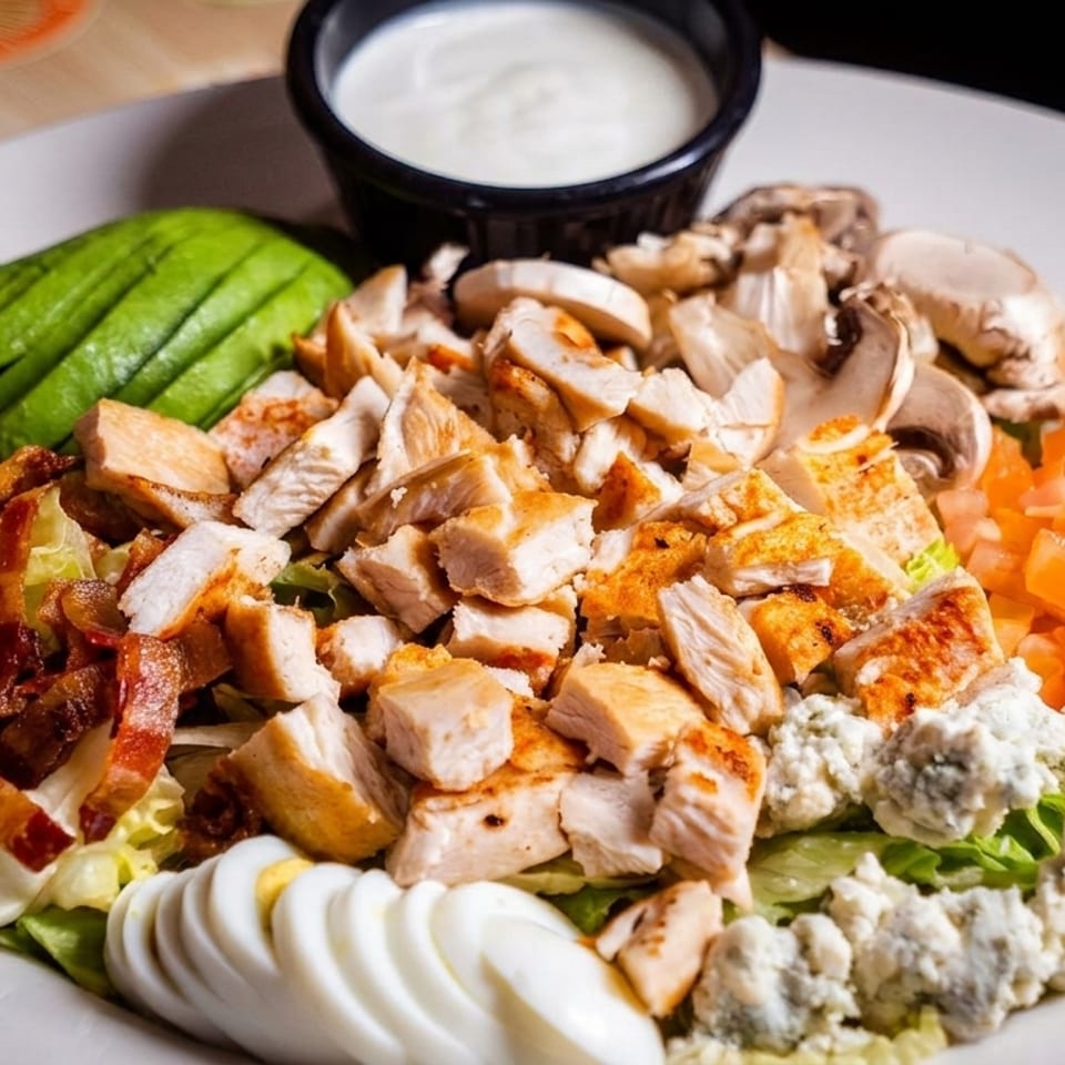 Grilled chicken Cobb salad with bacon, avocado, mushrooms, tomatoes, hard-boiled egg, blue cheese, and dressing.