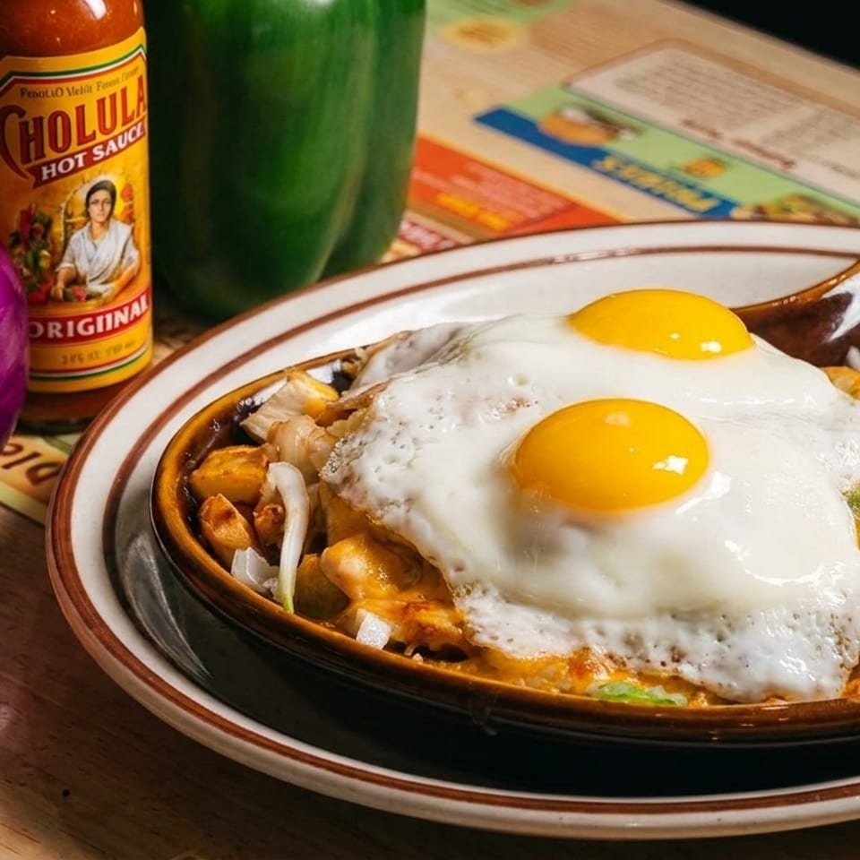 Skillet breakfast topped with two fried eggs, served with toast, tomatoes, onion, green pepper, and hot sauce.