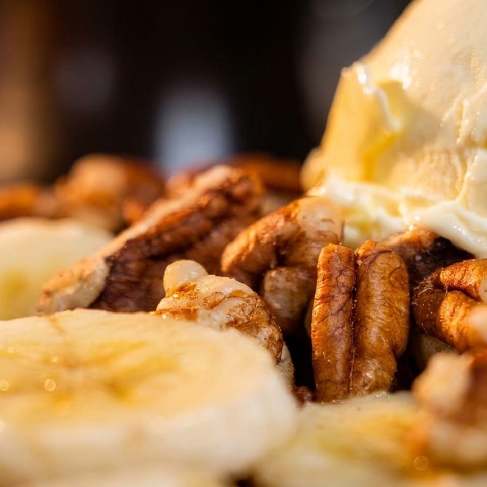Close-up of vanilla ice cream topped with pecans and surrounded by sliced bananas in warm restaurant lighting.