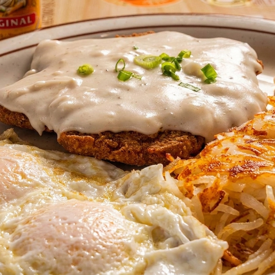 Diner plate with two fried eggs, crispy hash browns, and a breaded cutlet smothered in creamy gravy and green onions.