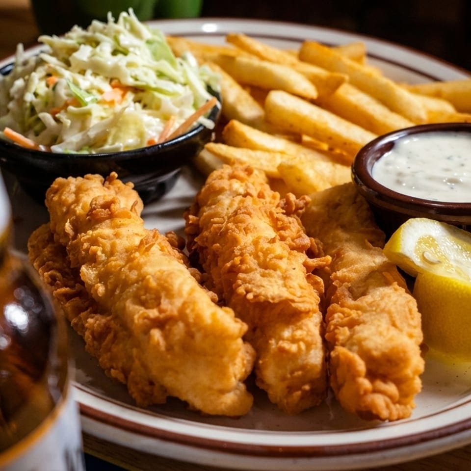 Crispy fried fish fillets served with fries, coleslaw, tartar sauce, and lemon wedges on a restaurant plate.