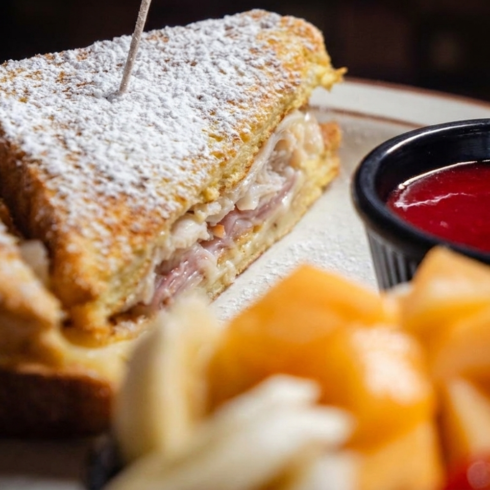Powdered-sugar-dusted grilled ham and cheese sandwich served with red dipping sauce and fruit.