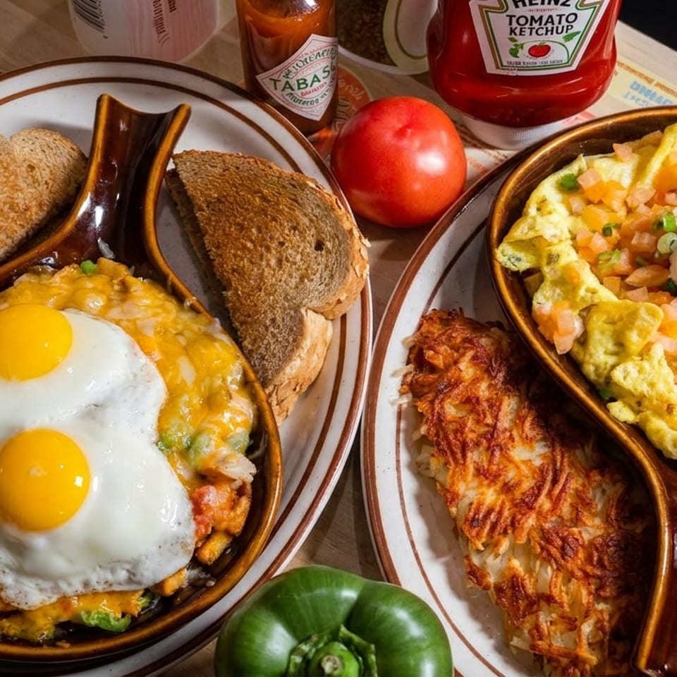 Two hearty diner breakfasts feature fried eggs over cheesy potatoes, toast, an omelet with pico de gallo, hash browns, and condiments.