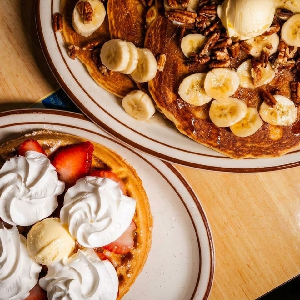 Two plates of pancakes and waffles topped with bananas, pecans, strawberries, whipped cream, and ice cream on a diner table.