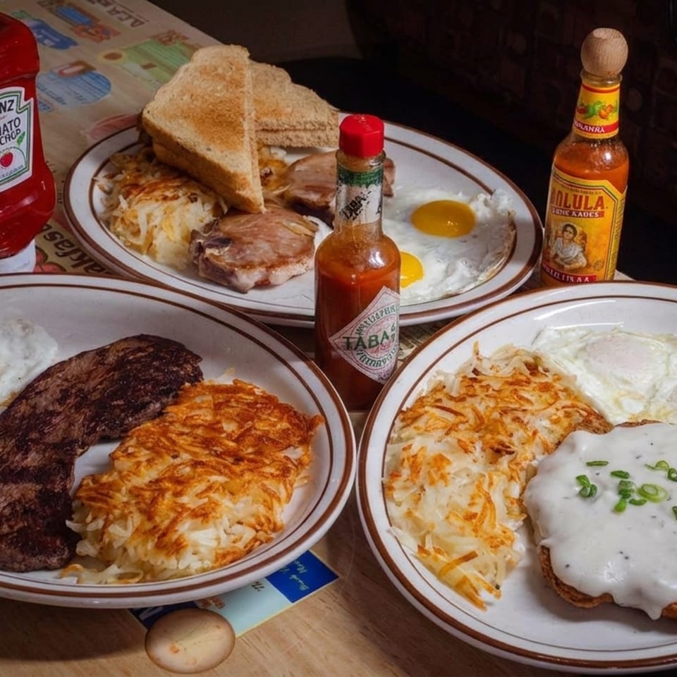 Three diner plates feature eggs, hash browns, steak, chicken-fried steak, bacon, and toast with ketchup and hot sauces.