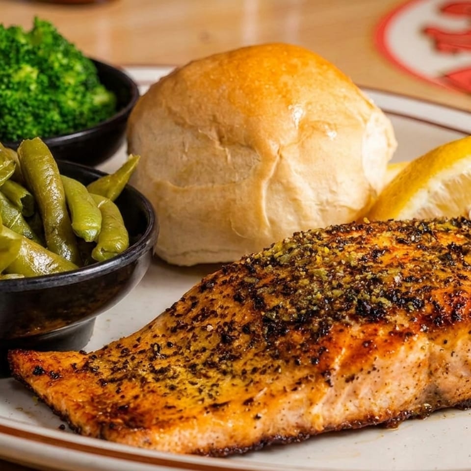 Seasoned grilled salmon served with broccoli, green beans, a dinner roll, and lemon wedge on a restaurant plate.