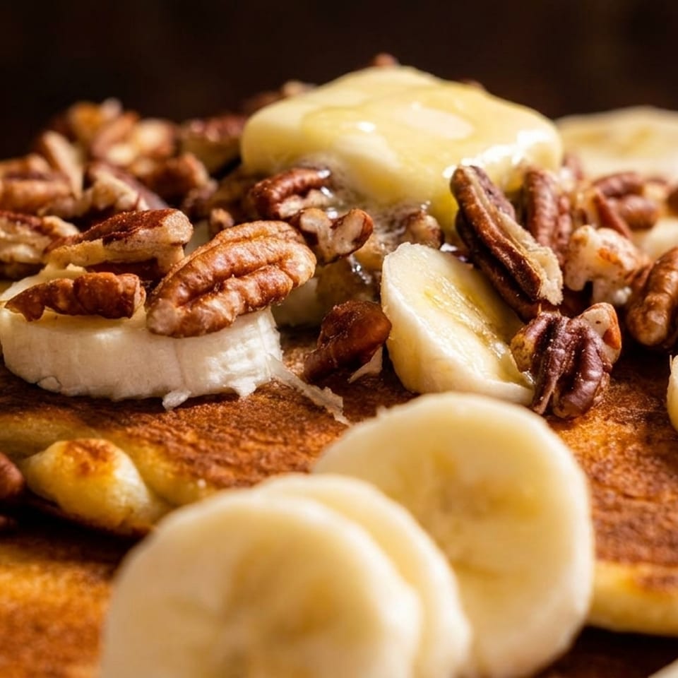 Close-up of golden pancakes topped with banana slices, pecans, and melted butter.