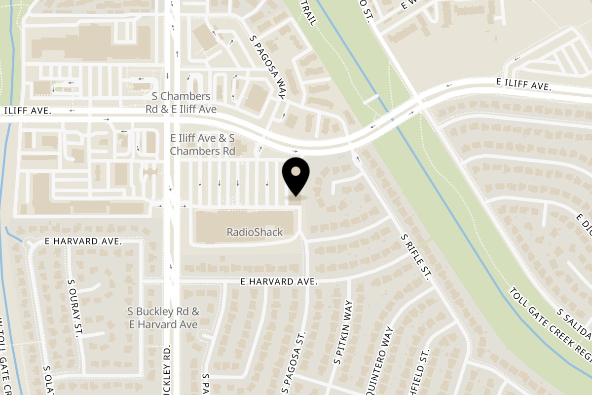 Map showing the location of Jus Grill Restaurant on 17200 E Iliff Ave Spc A10 in Aurora
